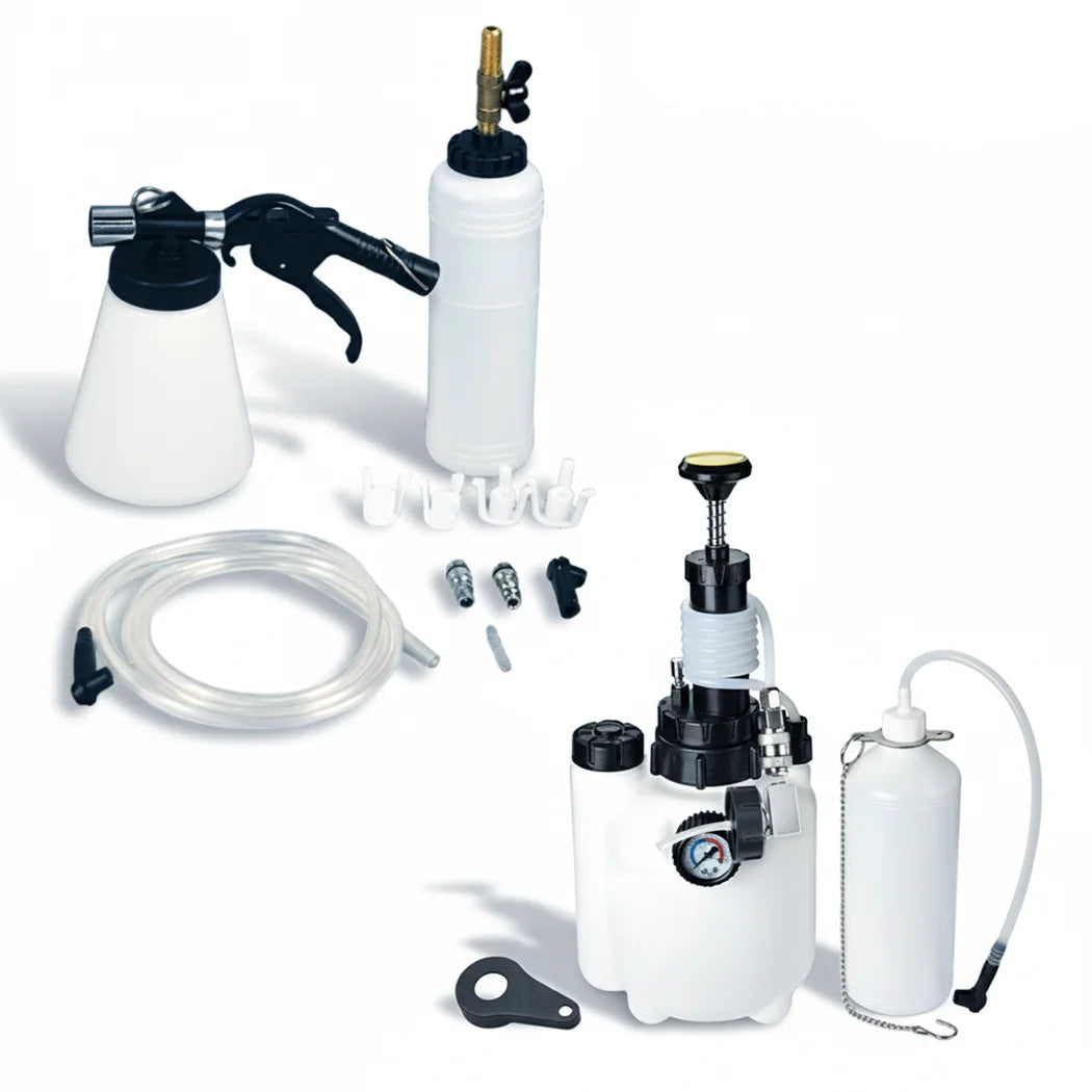 Vacuum Brake Bleeder kit components including the tester gun, hand pump bottle, hose and fittings, plus a hand pump brake bleeder with pressure gauge and waste oil bottle