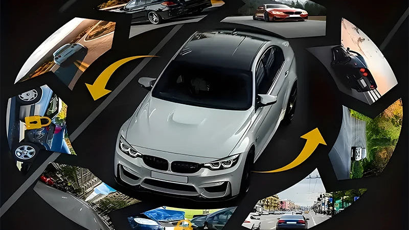 Circular collage of a car in various settings with text about loop recording.