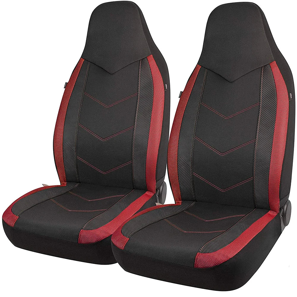 Black and red Sport Mesh Front Pair Car Seat Covers on a white background