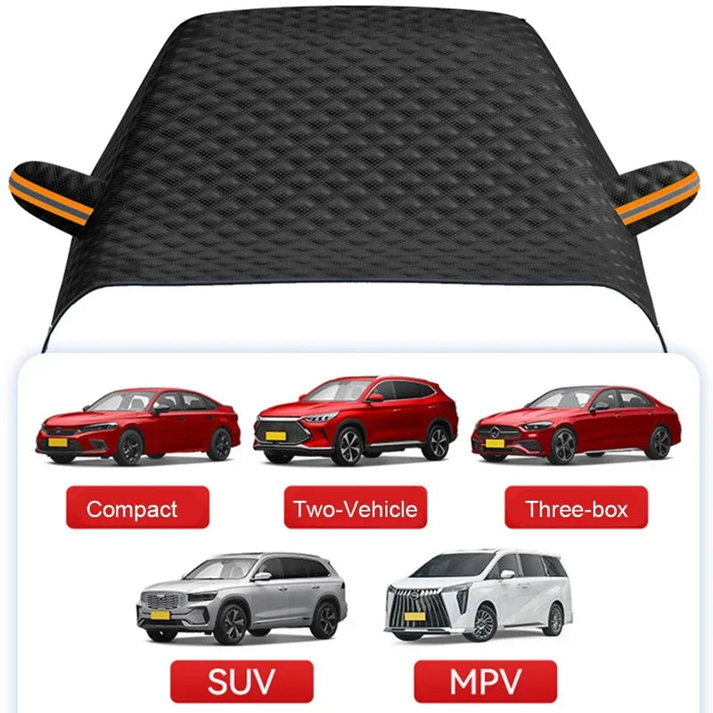 Magnetic Windshield Snow Cover on a white background with a vehicle size fit guide for compact, SUV and MPV cars