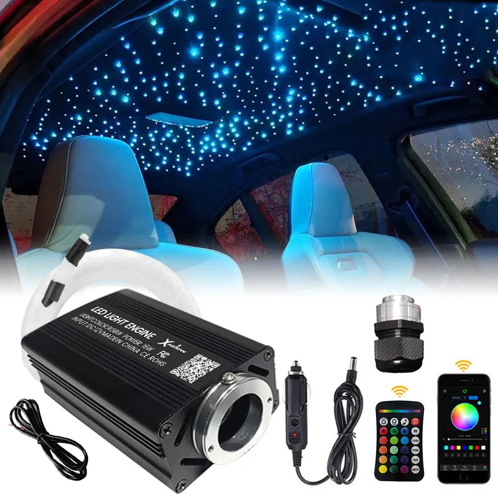 Fibre Optic Star Headliner creating a starry night sky effect across a car roof lining, shown with the light engine kit
