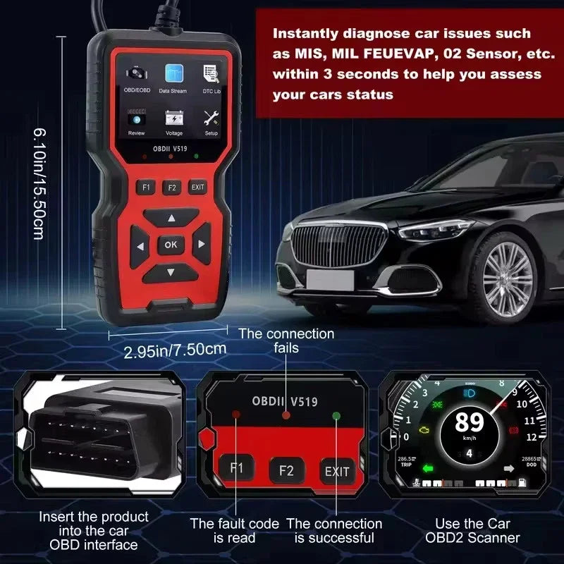 OBD2 Code Reader beside luxury sedan with device dimensions of 15.6cm by 7.5cm displayed