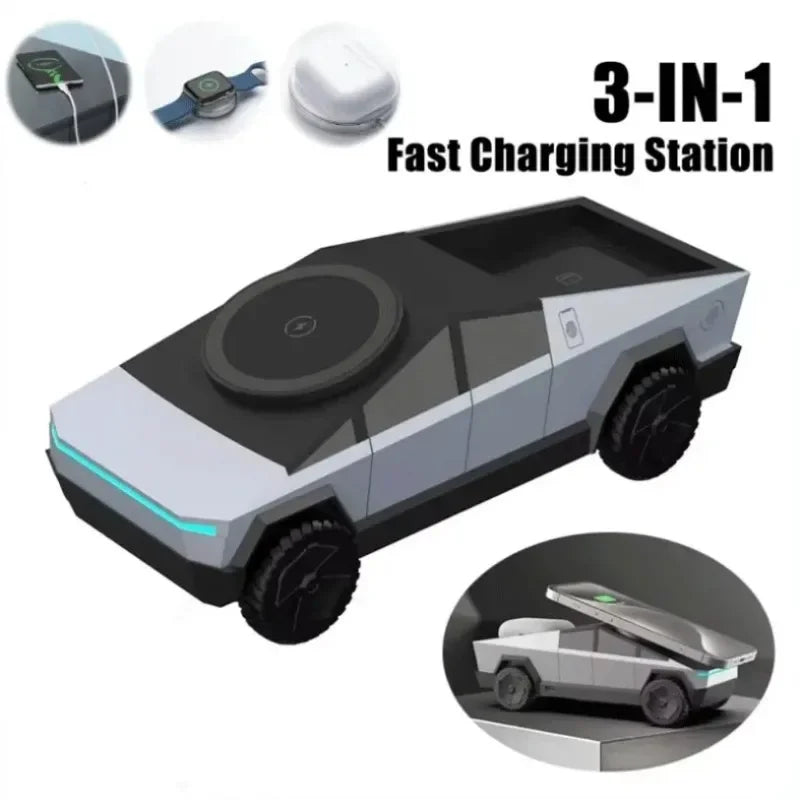 Magnetic Wireless Car Charger 3-in-1 fast charging station diagram showing phone, watch and earbuds charging simultaneously