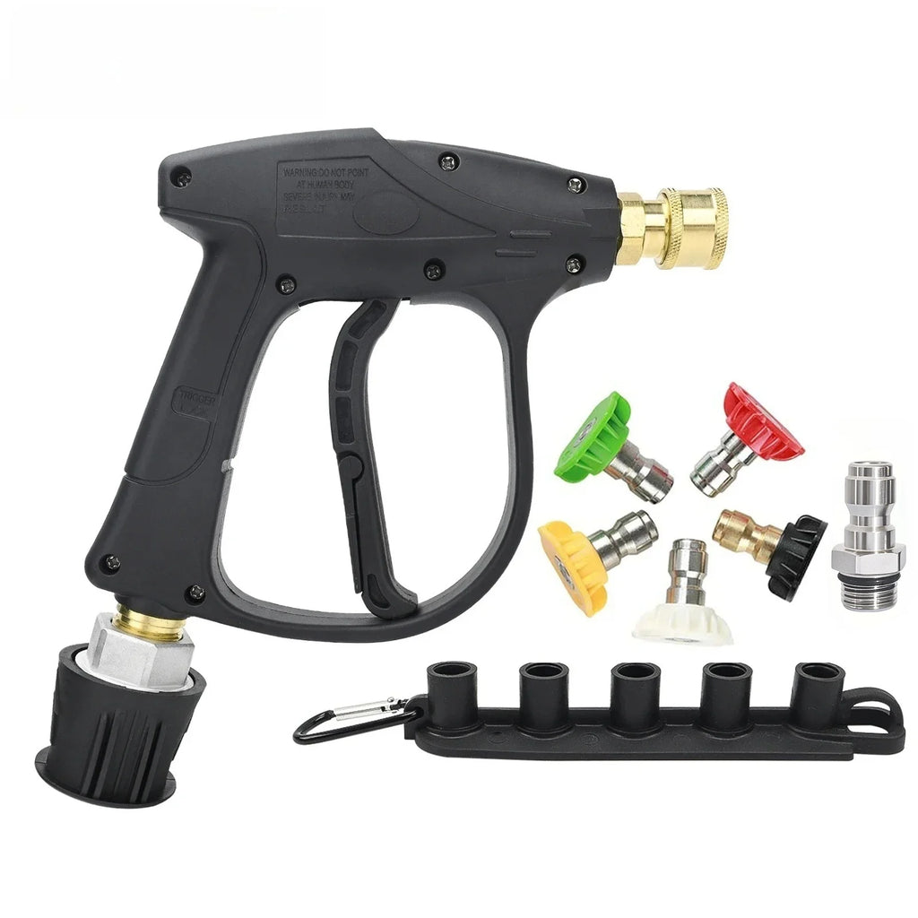 Pressure washer spray gun kit with five colour-coded quick-connect spray nozzles, two brass quick-connect adapters, a garden hose adapter and a clip-on nozzle organiser