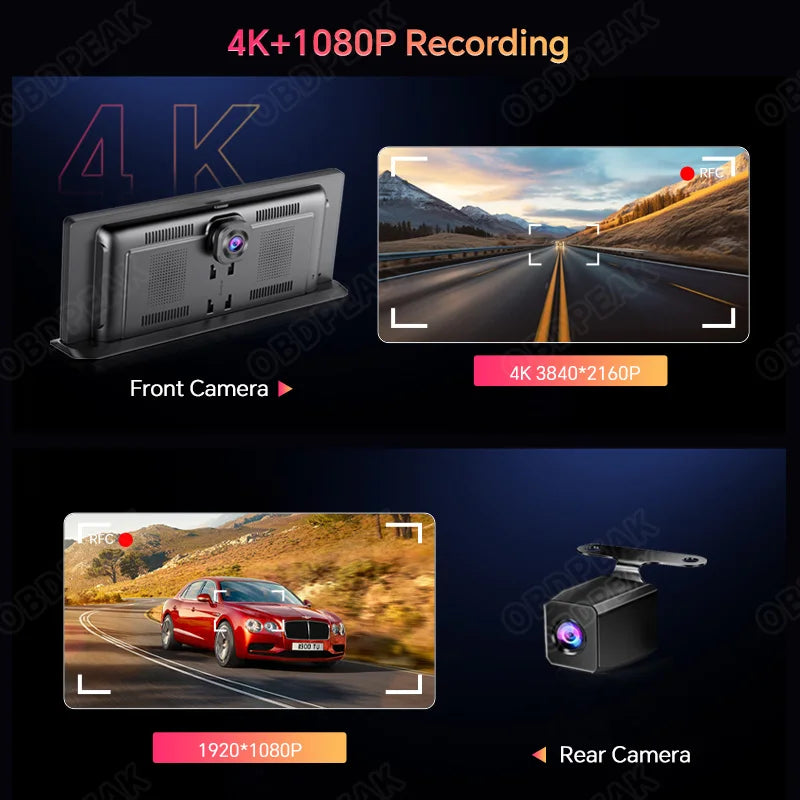 Pro CarPlay Dash Cam 4K front camera and 1080P rear camera recording comparison, showing sample footage captured by both the front and rear lenses