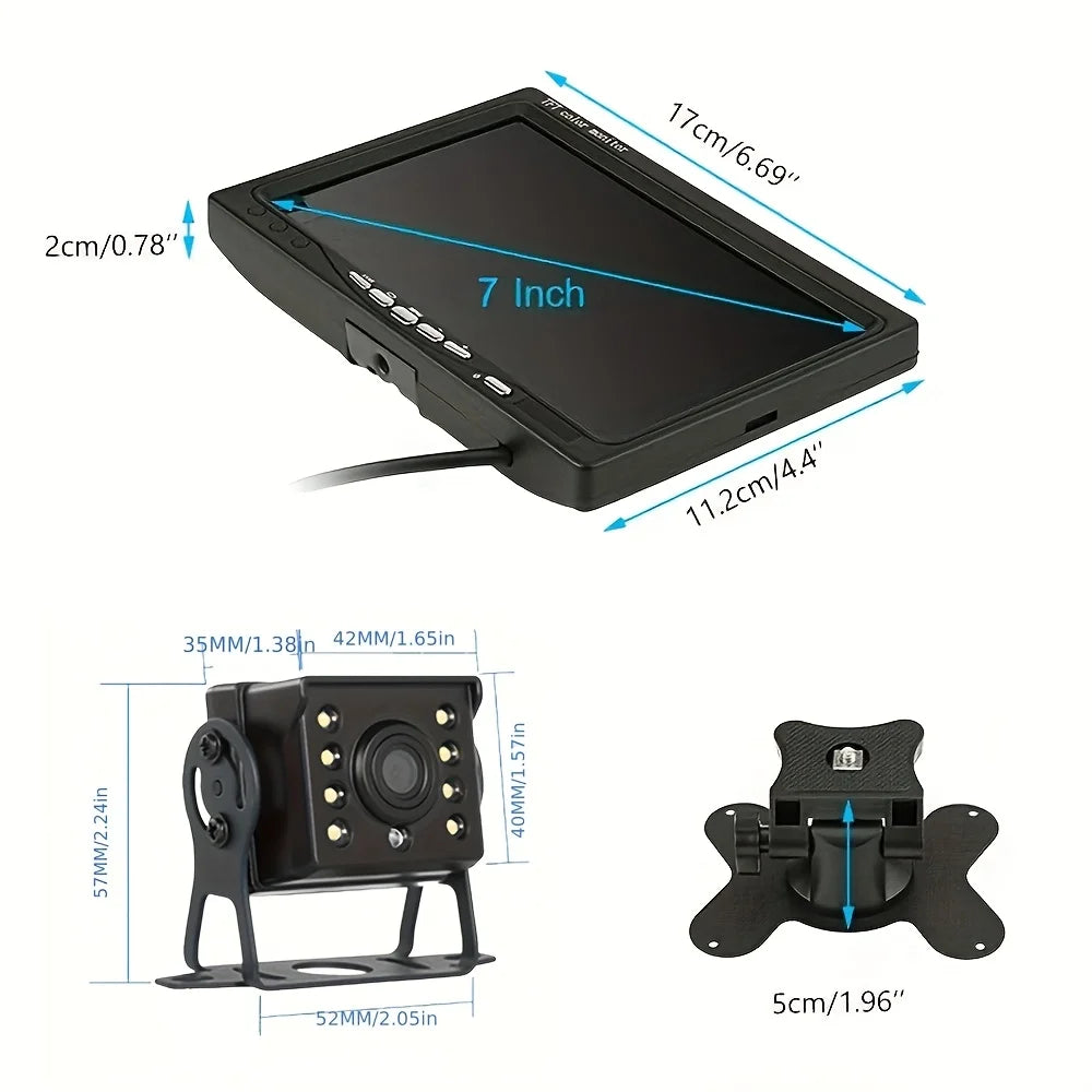 Heavy-Duty Reversing Camera Kit dimensions: 7 inch monitor 17 x 11.2 cm, camera 52 x 57 mm and monitor stand