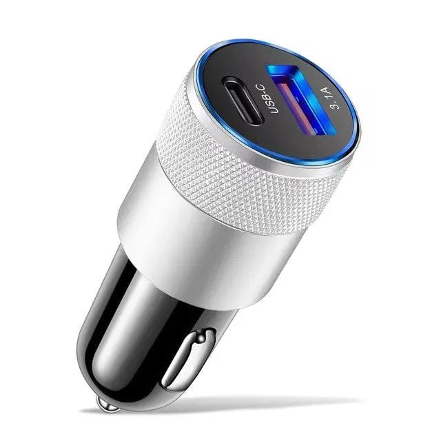 Alloy USB Car Charger in silver finish, angled view showing USB-C and USB-A ports on white background