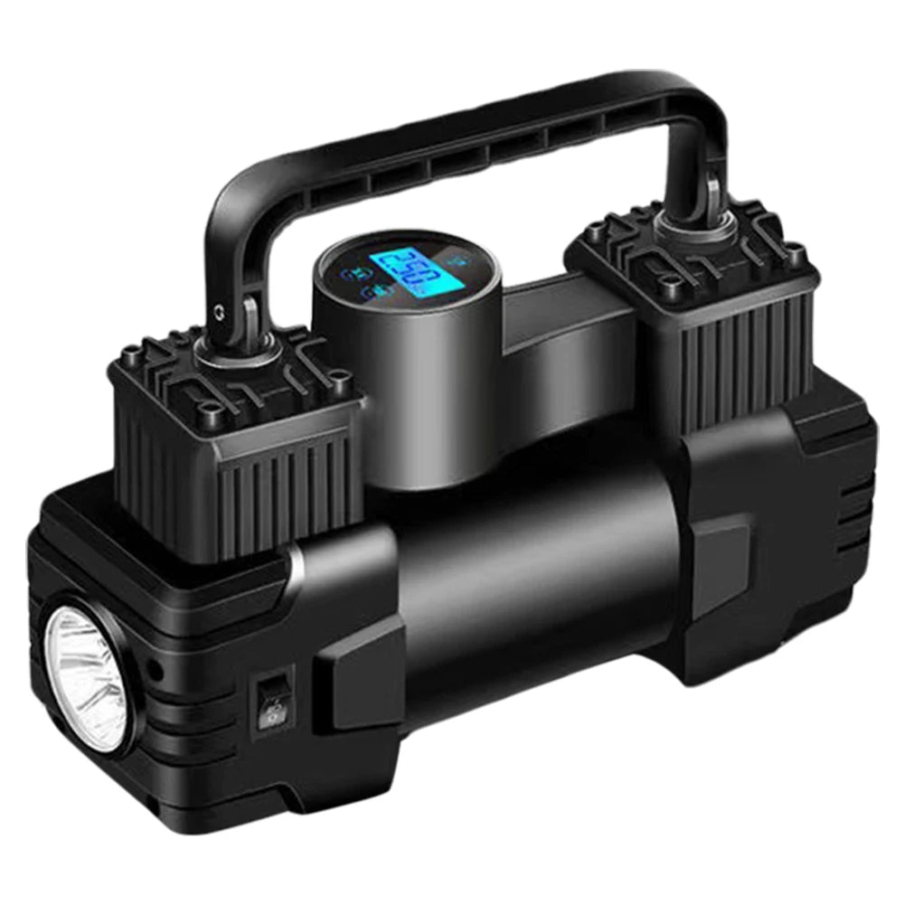Twin-Cylinder Digital Air Compressor in black with carry handle, digital pressure display and built-in LED light