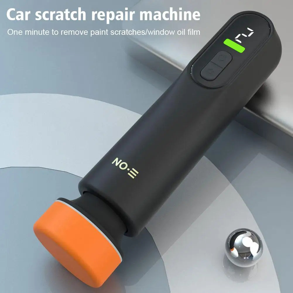 Cordless car scratch repair machine removing paint scratches and window oil film shown against a soft grey background