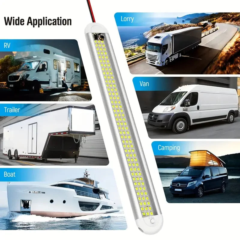 LED interior light bar shown at an angle beside six labelled vehicle photos - RV, trailer, boat, lorry, van and camping - showing where it can be installed.
