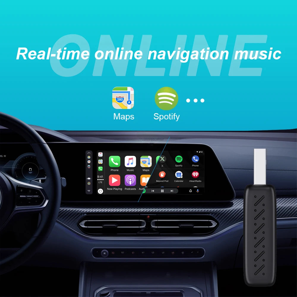 2-in-1 Wireless CarPlay Dongle beside a car dashboard screen running wireless navigation and music apps