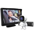 HD Infant Car Monitor screen and astronaut-shaped camera on a white background, displaying a rear-facing baby in a car seat