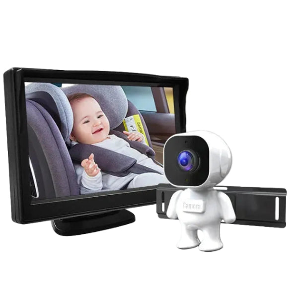 HD Infant Car Monitor screen and astronaut-shaped camera on a white background, displaying a rear-facing baby in a car seat