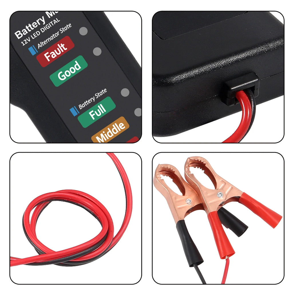Detail views of the LED Battery and Alternator Tester: status light panel, cable entry, red and black lead and crocodile clips