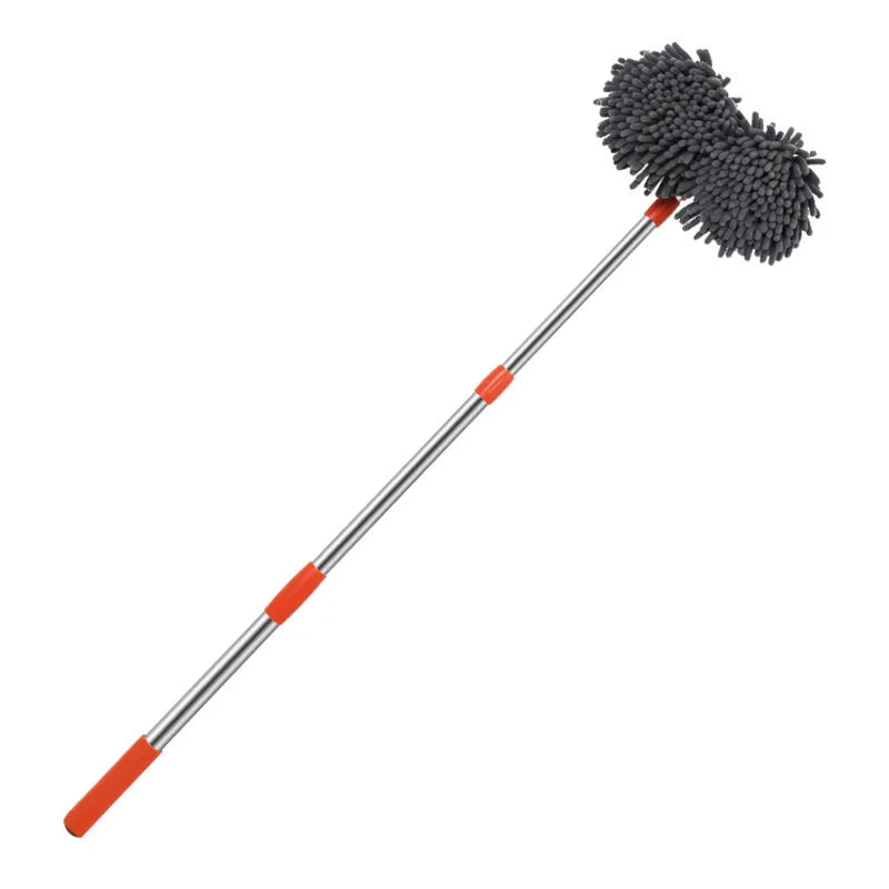 Fully extended Telescopic Car Wash Mop with a single round chenille microfiber mop head on a white background