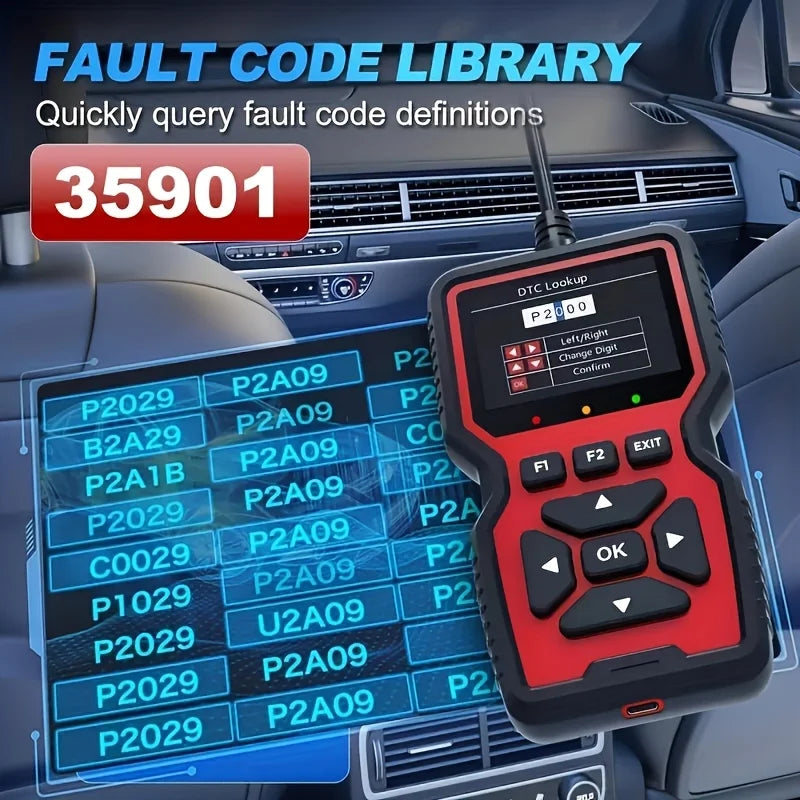 OBD2 Code Reader fault code library screen with 35,901 built in code definitions