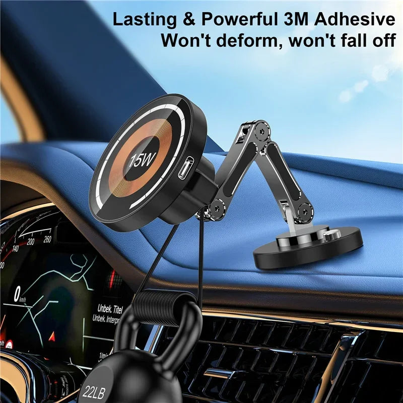 Magnetic Wireless Car Charger mounted on a car dashboard with a 22lb weight hanging from it to demonstrate the 3M adhesive hold