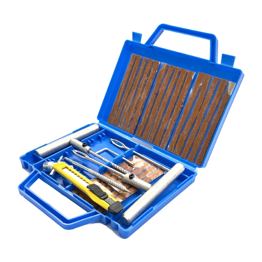Tyre Repair Tool Kit displayed open in its blue carry case showing rubber repair strips, reamer, insertion tool and craft knife