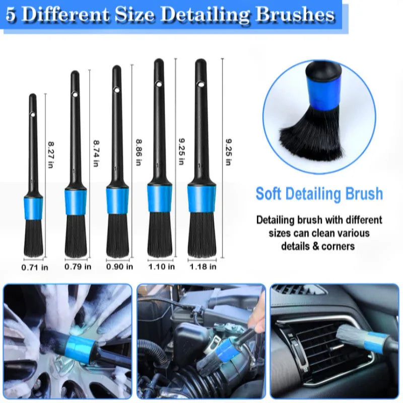 Five soft detailing brushes in different sizes cleaning car wheels, engine bay and air vents