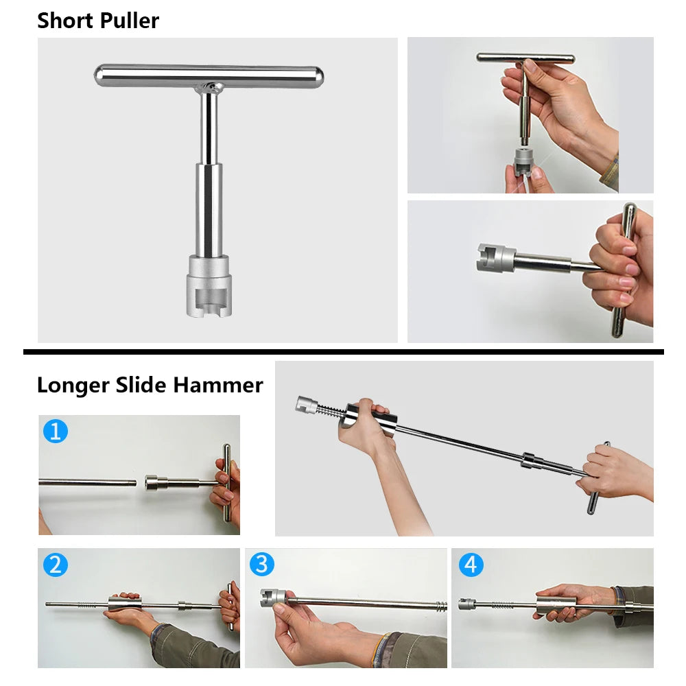 Comparison of the PDR Dent Repair Kit's short puller and longer slide hammer tools, each shown with a hand demonstrating grip and use