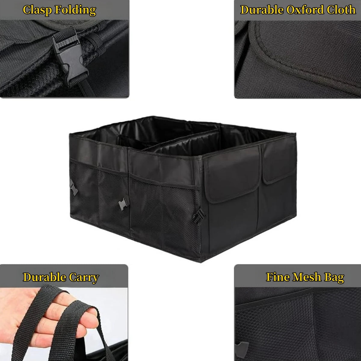 Close-up of car boot organiser clasp buckle, durable Oxford cloth stitching and reinforced carry handles