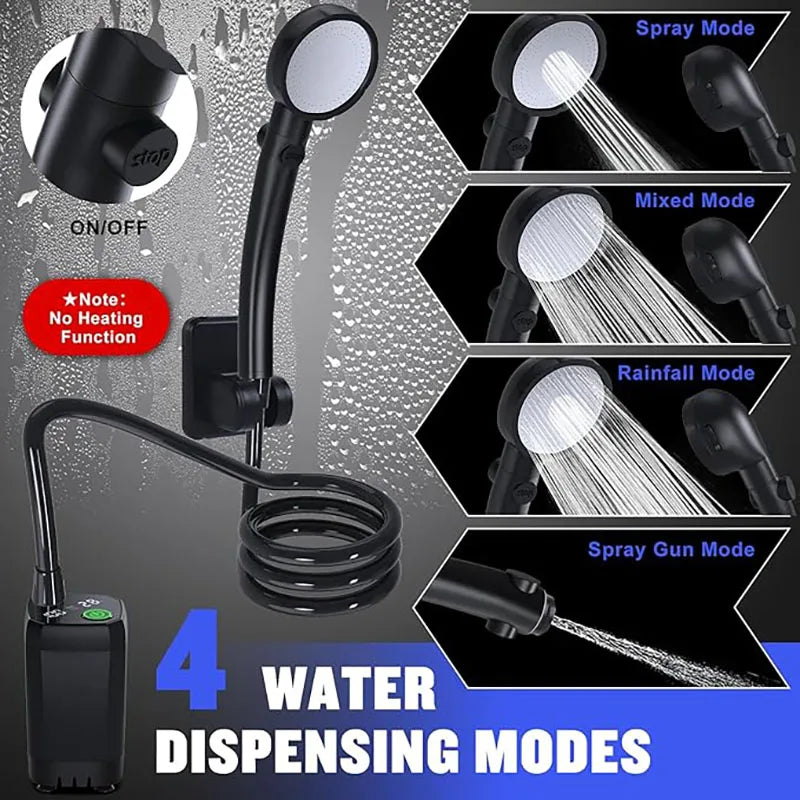 Digital Display Camp Shower head with four water modes: spray, mixed, rainfall and spray gun