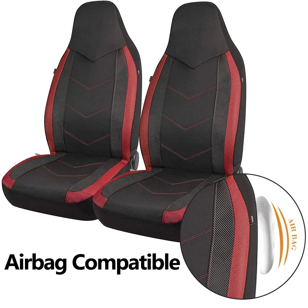 Black and red Sport Mesh Front Pair Car Seat Covers with airbag compatible design on a white background