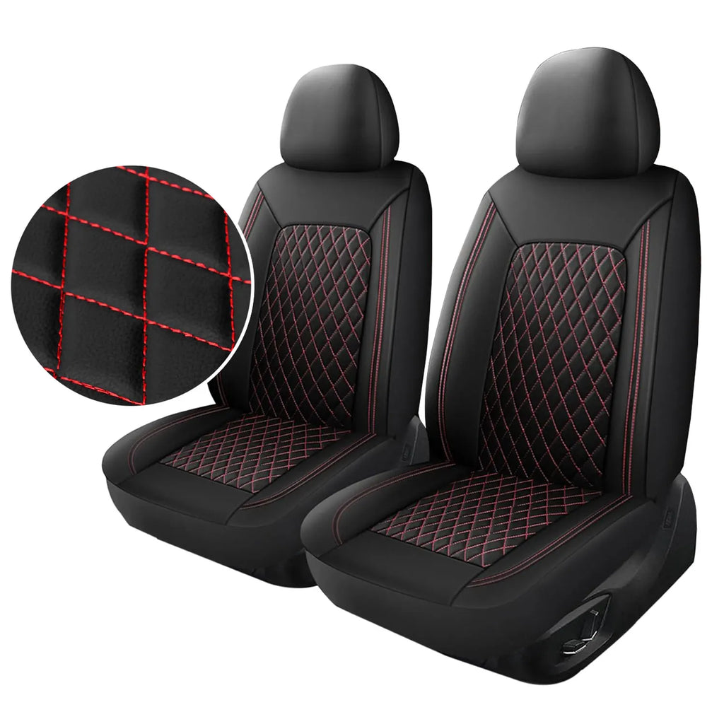 Red-stitched quilted leather car seat covers colourway on white background