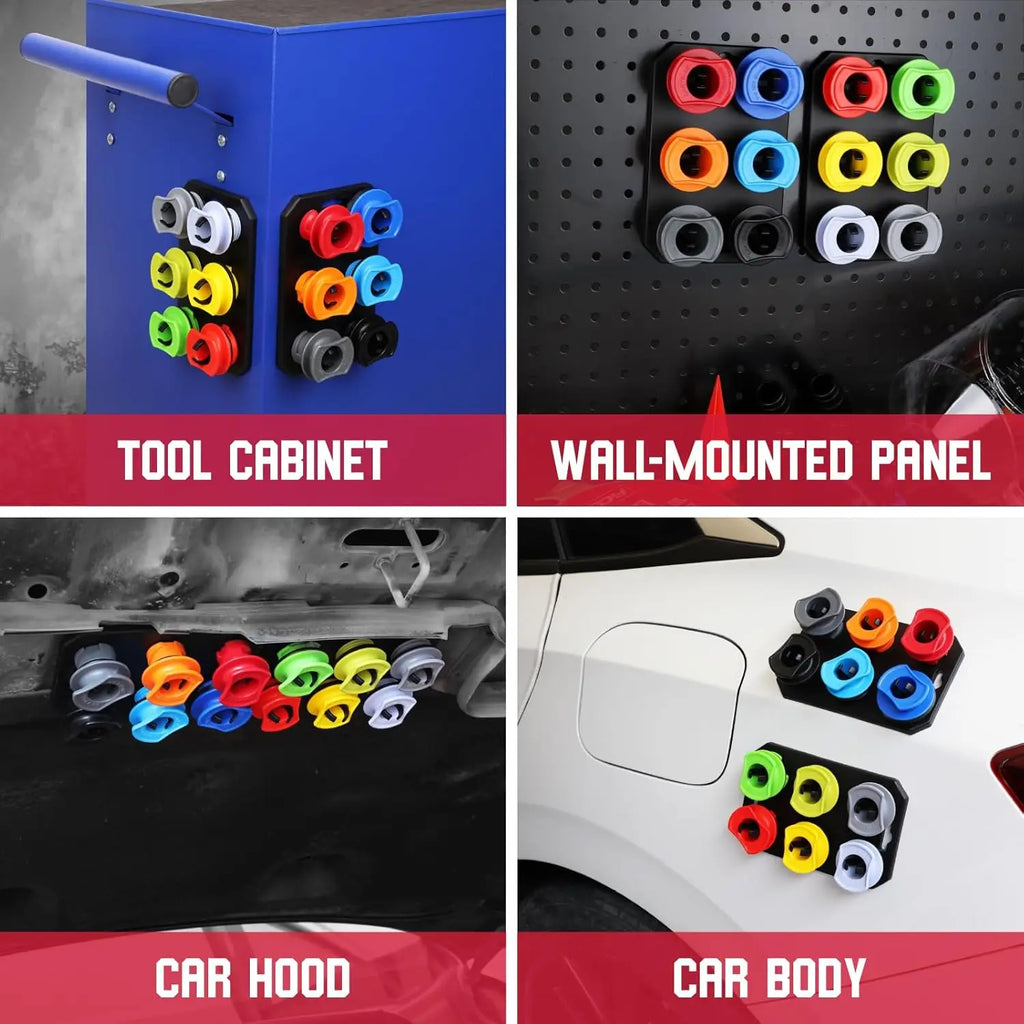 Oil funnel kit adapter tray mounted on a tool cabinet, wall panel, car hood and car body using magnets