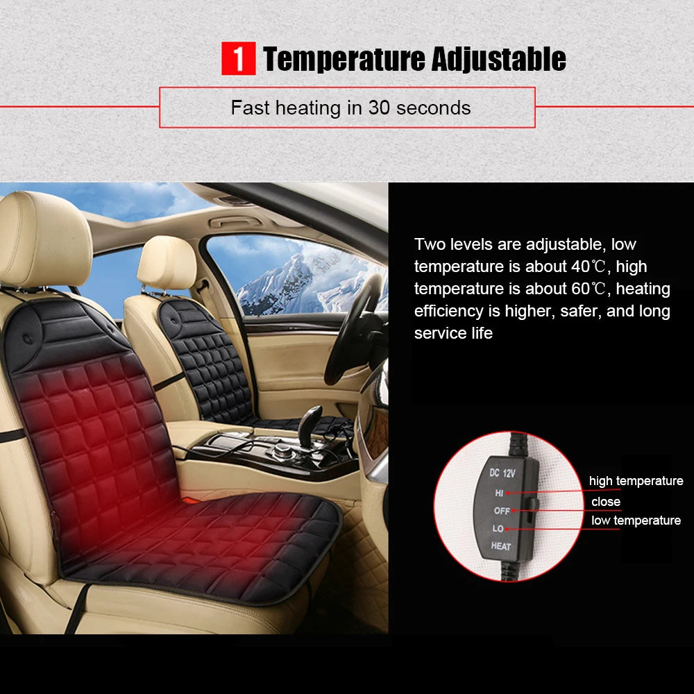 Infographic explaining the 12V Heated Car Seat Cushion's adjustable two-level temperature control switch