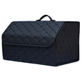 Heavy-Duty Leather Car Boot Organiser in black diamond-stitched design, folded trunk storage box on a white background