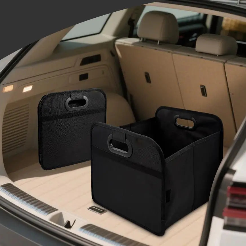Black Foldable Car Boot Organiser and matching organiser panel set up inside a car boot with tan leather interior
