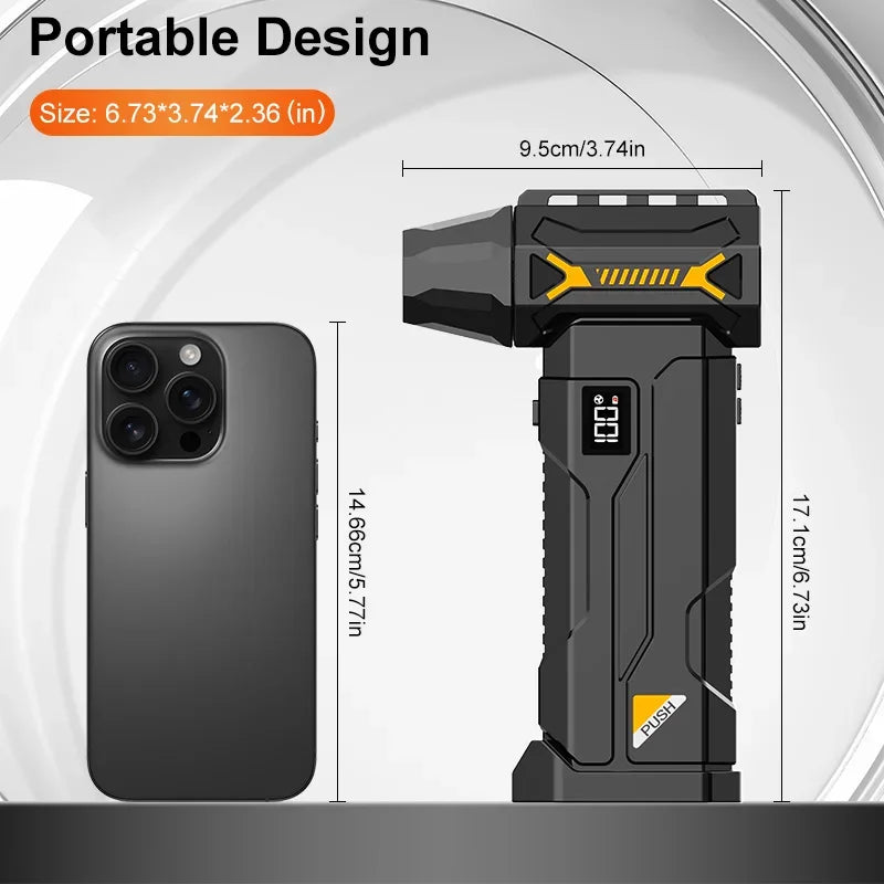 Cordless Turbo Jet Blower size comparison next to a smartphone, 17.1 cm tall and 9.5 cm wide