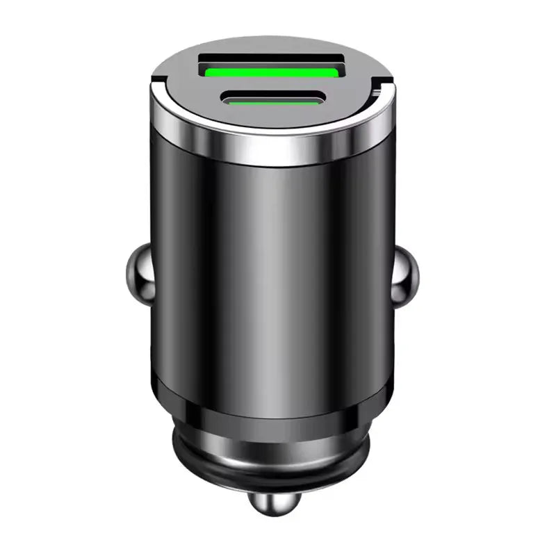 Black 100W mini car charger with dual USB ports and green LED indicator lights on a white background