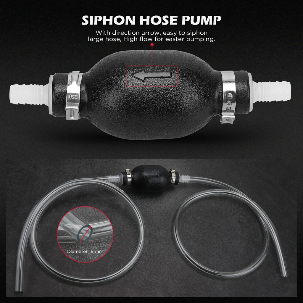Hand siphon hose pump with directional arrow and clear transfer hose from the coolant funnel kit