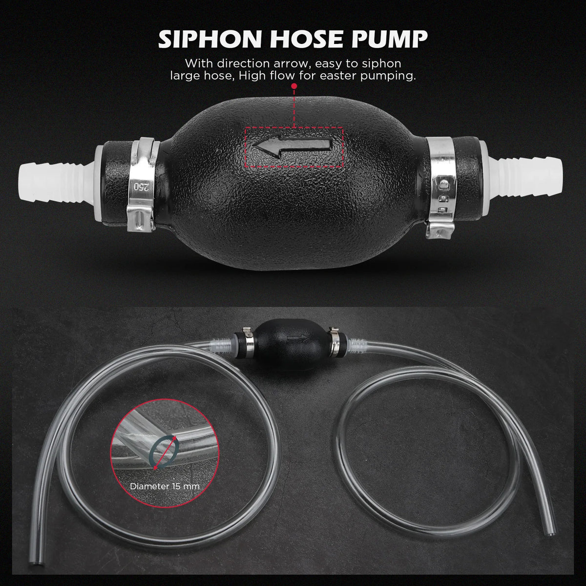 Hand siphon hose pump with directional arrow and clear transfer hose from the coolant funnel kit