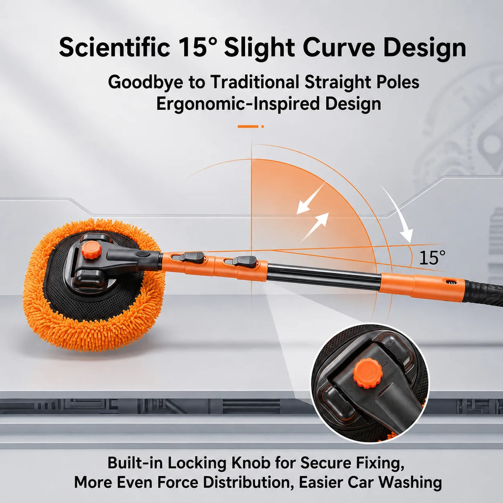 Hose-Fed Telescopic Wash Mop's scientific 15-degree curved handle design for more even pressure and easier car washing