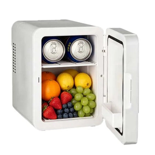 Portable 4L Mini Fridge in white with door open, holding two drink cans and fresh fruit on a white background