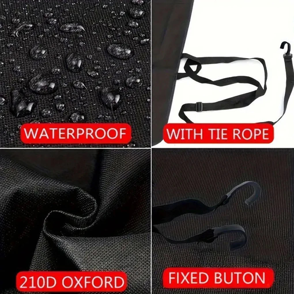 Four-panel close-up of the Rear Door Awning Shelter: waterproof surface beading water, tie rope, 210D Oxford fabric and hook fixings