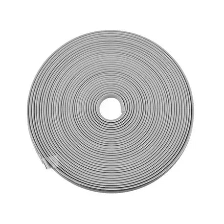Coiled grey rubber wheel rim protector strip roll photographed on a white background