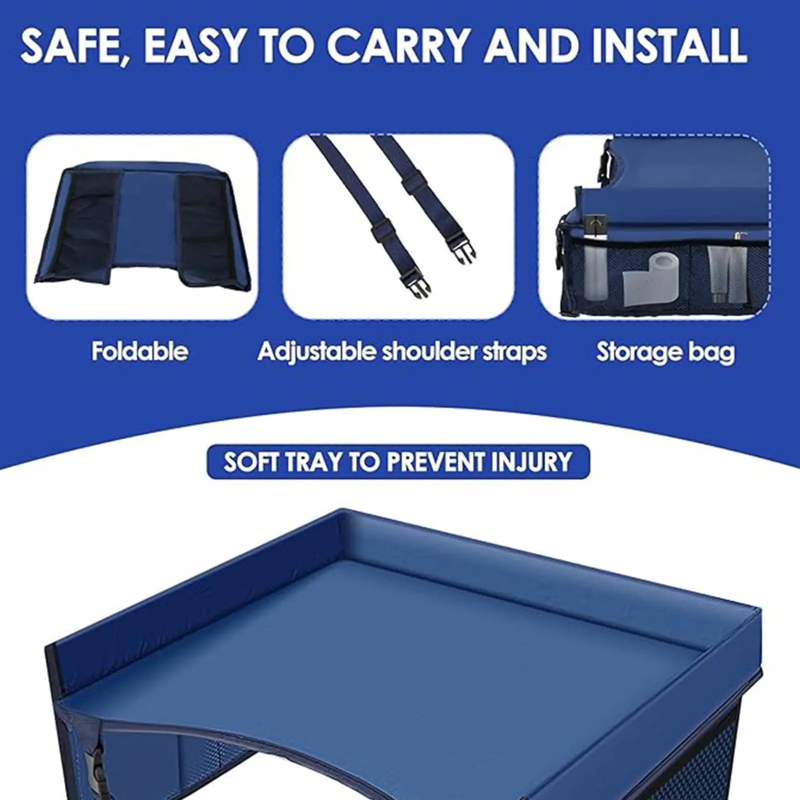 Navy blue kids travel tray featuring foldable design, adjustable shoulder strap and zippered storage bag with soft injury preventing tray