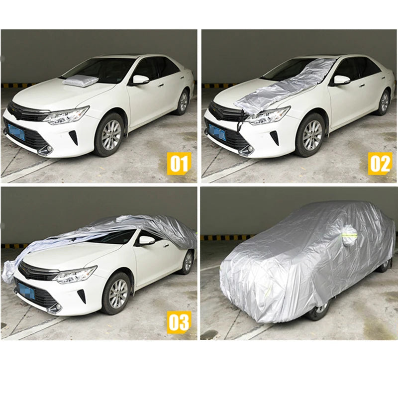 Step-by-step installation of the Universal Outdoor Car Cover over a white sedan showing windscreen, bonnet and full vehicle coverage