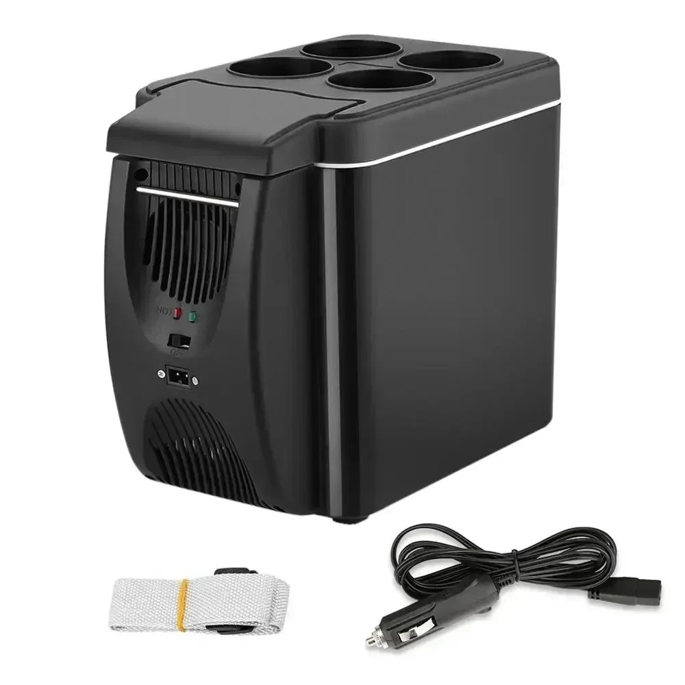 12V Portable Car Fridge black thermoelectric cooler on white background, front angle