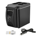 12V Portable Car Fridge black thermoelectric cooler on white background, front angle