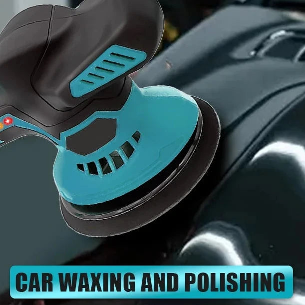 Cordless Orbital Car Polisher close-up waxing and polishing a glossy dark car panel