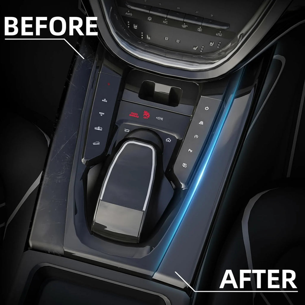 Before and after comparison of a car centre console trim finished with Gloss Black Trim Wrap