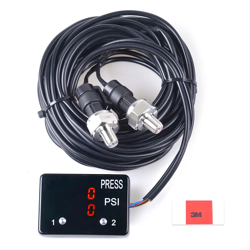 Dual Digital Pressure Gauge kit with red LED display, two stainless steel pressure sensors, wiring loom and 3M adhesive pad