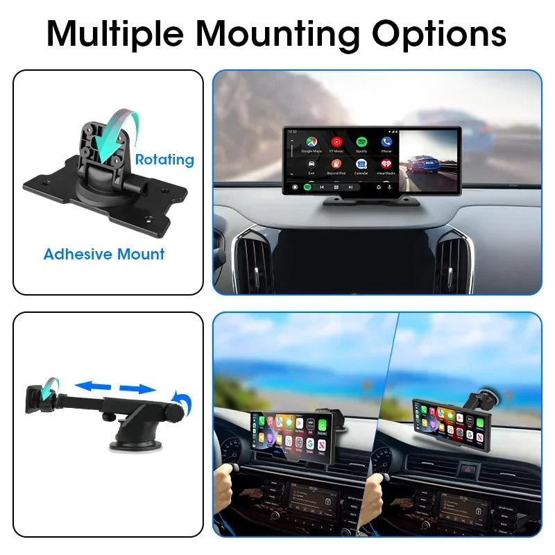4K CarPlay Mirror Dash Cam multiple mounting options including adhesive and suction cup mounts