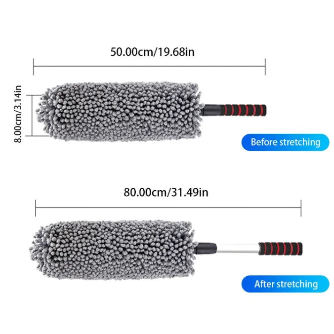 Twin Microfibre Detail Duster dimensions showing 50 cm length before extending and 80 cm after, with 8 cm head diameter