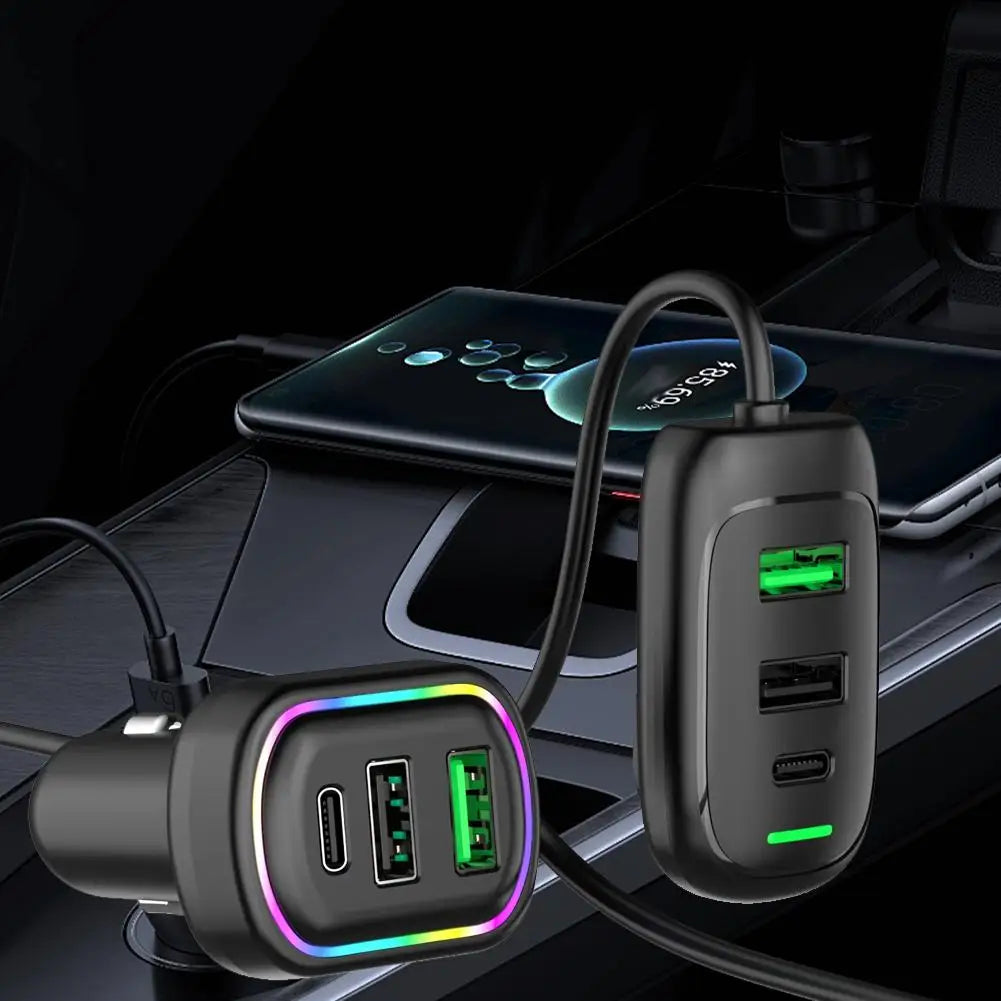 Dual-zone RGB car charger with front and rear USB ports charging a smartphone on a car centre console